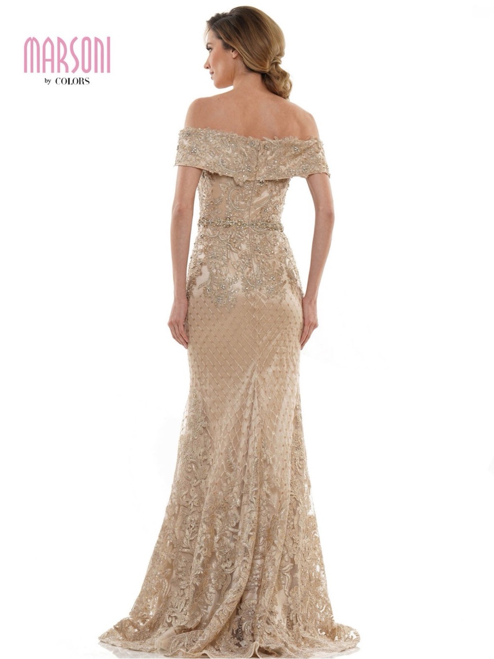 Off-Shoulder Beaded Evening Gown in Champagne - Picture 4 of 5